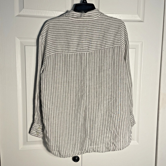 Pure Linen Shirt Women US 8 Brown White Striped Top Long Sleeve Lagenlook Blouse - Picture 3 of 14